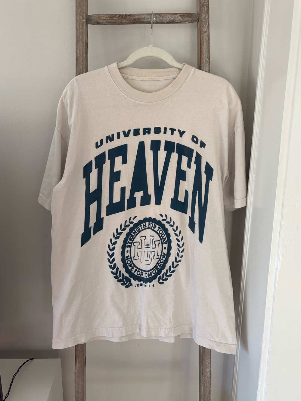 Oversized University of Heaven Graphic Tee - Cream with Navy Print